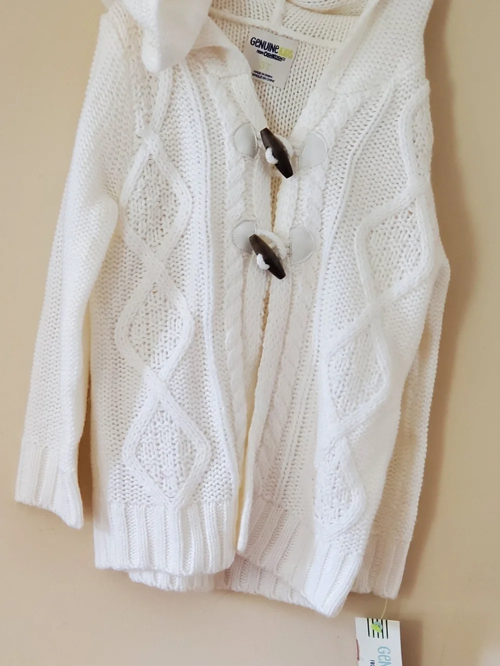 NwT OshKosh B'gosh Cream Cable-Knit Hooded Cardigan with Toggle Closures 3T